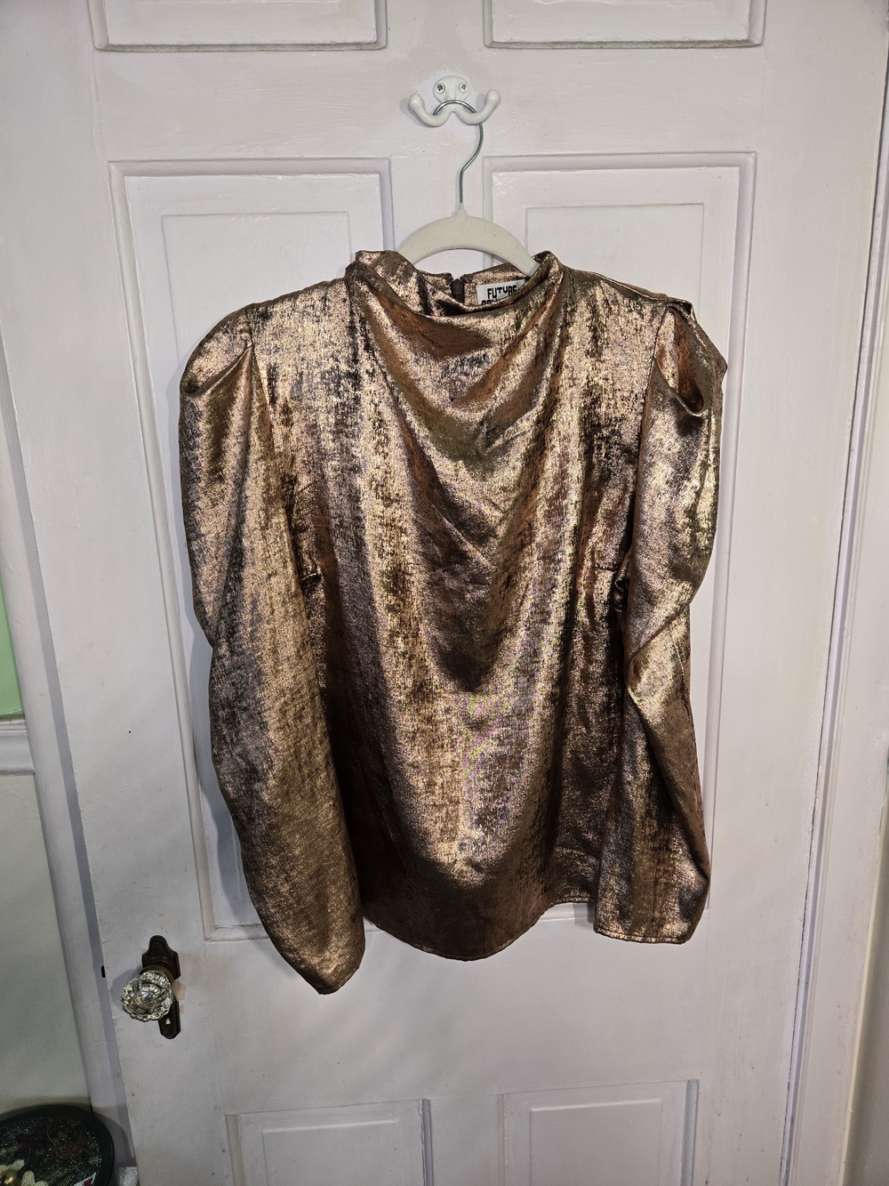 Future Collextive Gold Metallic Puff-Sleeve Blouse Size L